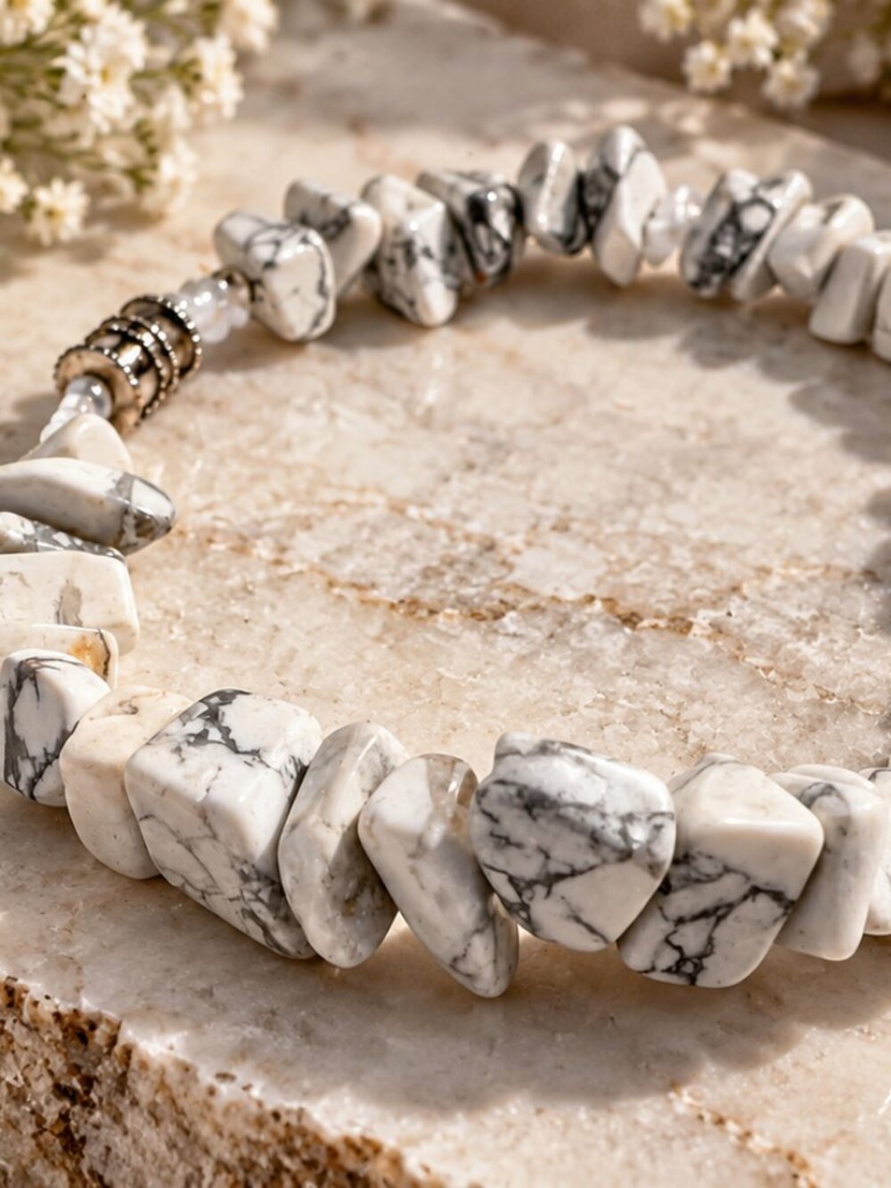 White Howlite Stone Chip Bracelet with Magnetic Clasp